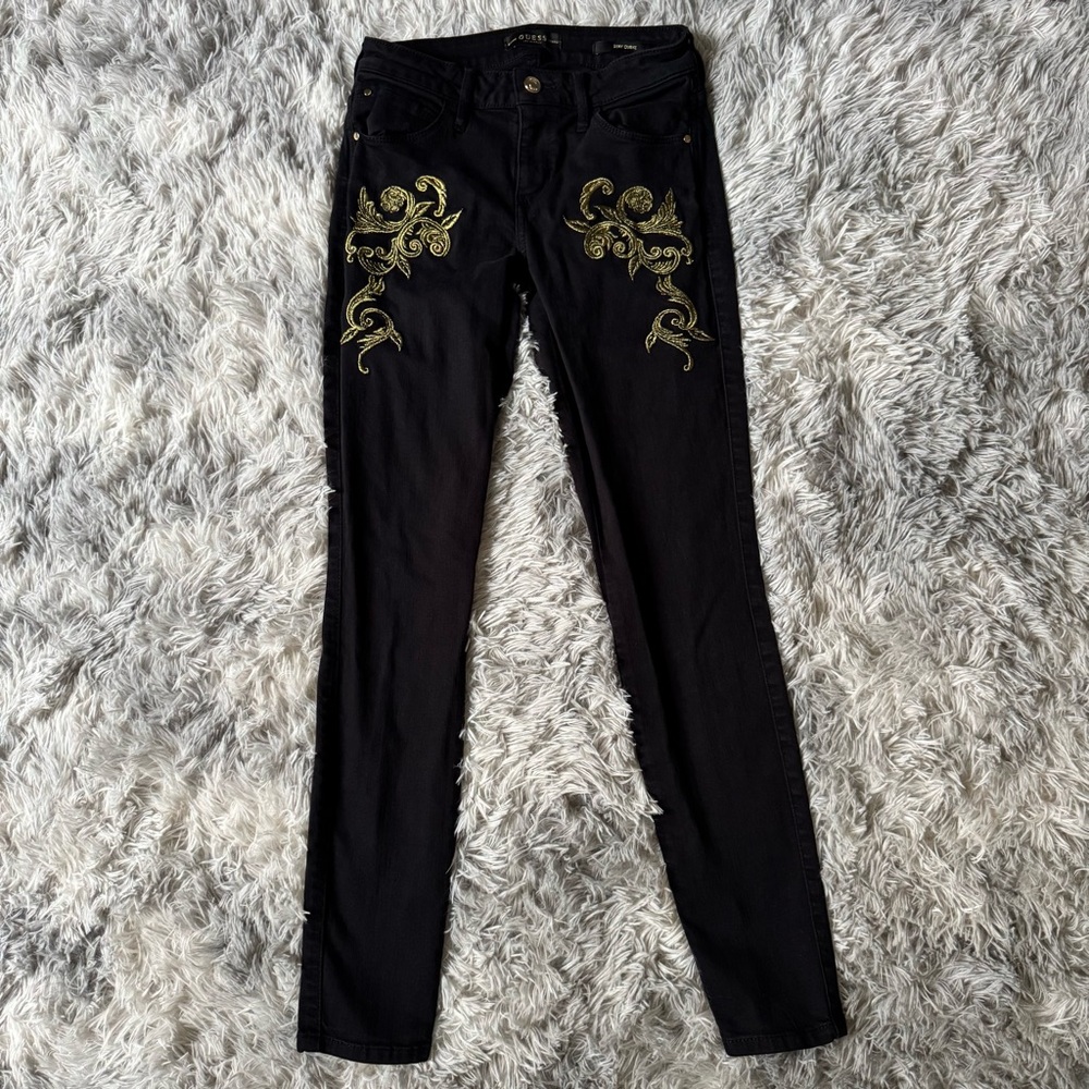 Guess Baroque Black Gold Embroidery Sexy Curve Super Skinny Jeans Mid Rise 25